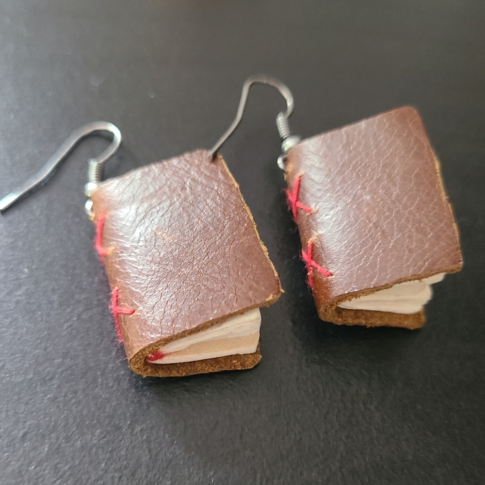 Handmade Brown Leather Book Earrings